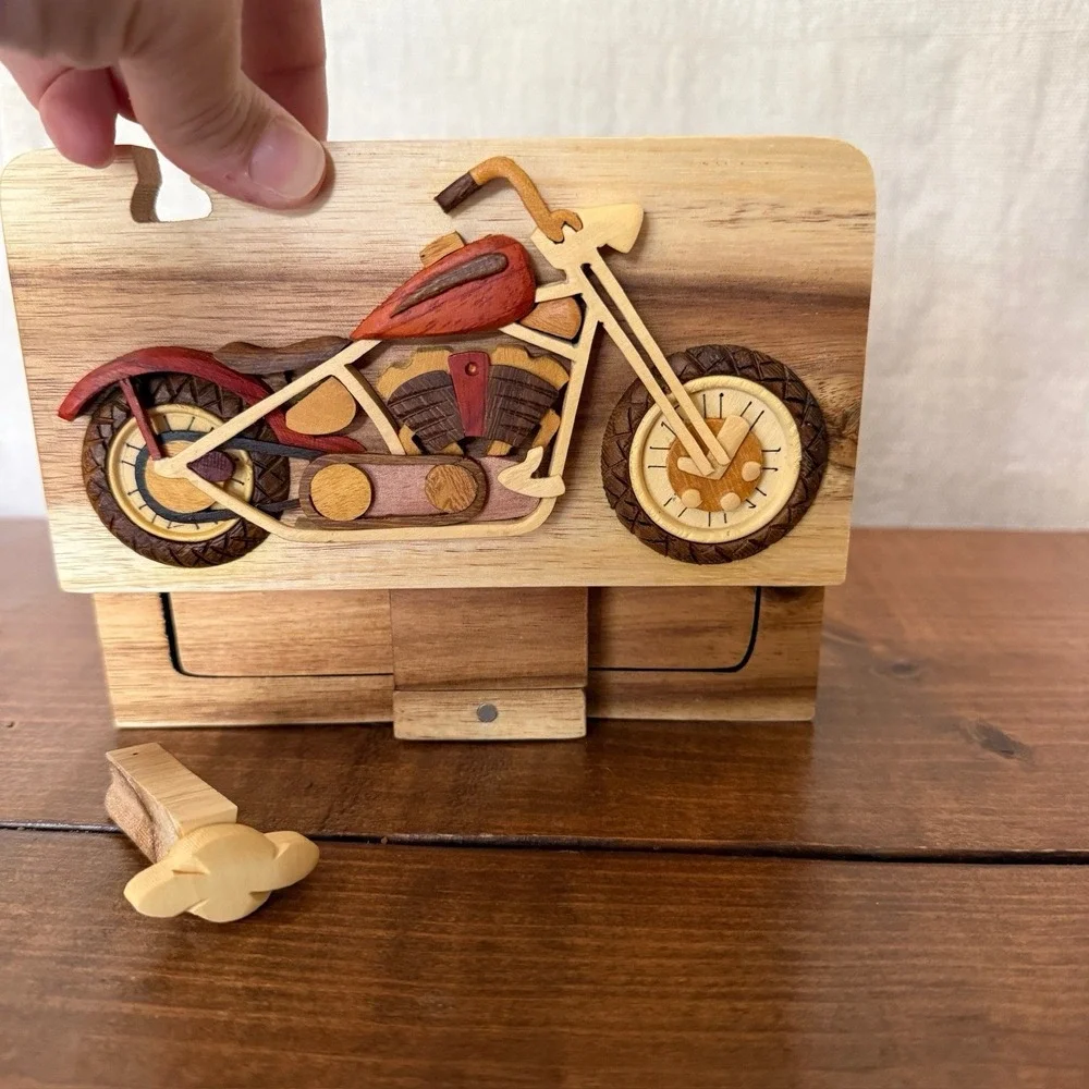 RARE Carver Dan's Hand Carved Harley Davidson Motorcycle Puzzle Trinket Box